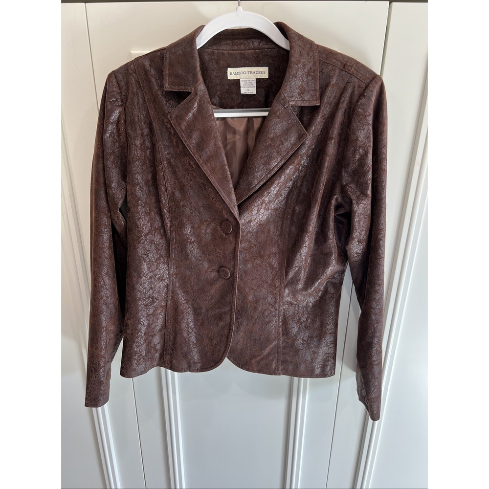 Bamboo Traders Brown Faux Leather Jacket Size Medium Crackled Western Boho Y2K